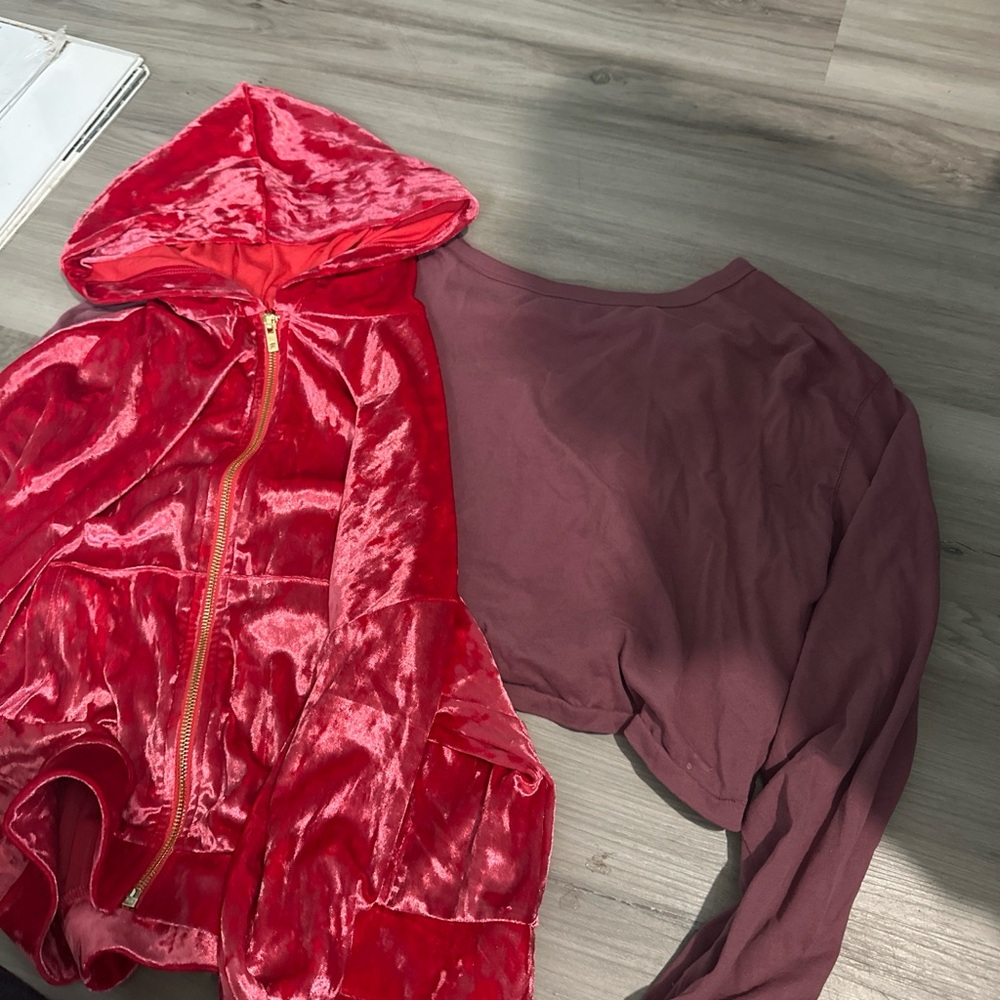 Fabletics Red Velvet Zip Hoodie & Plum Long Sleeve Tee